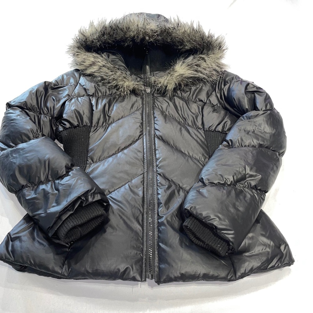 GUESS Womens Black Hooded Puffer Jacket Faux Fur Trim Down Fill Size M